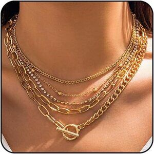 🆕 Women Gold Non Tarnish Stack Necklace Layered Paperclip Chain Jewelry Set